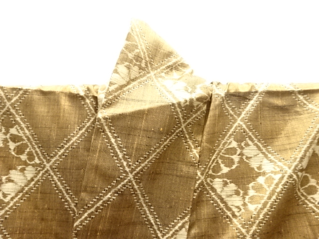  斜め格子に花模様織り出し手織り紬単衣着物